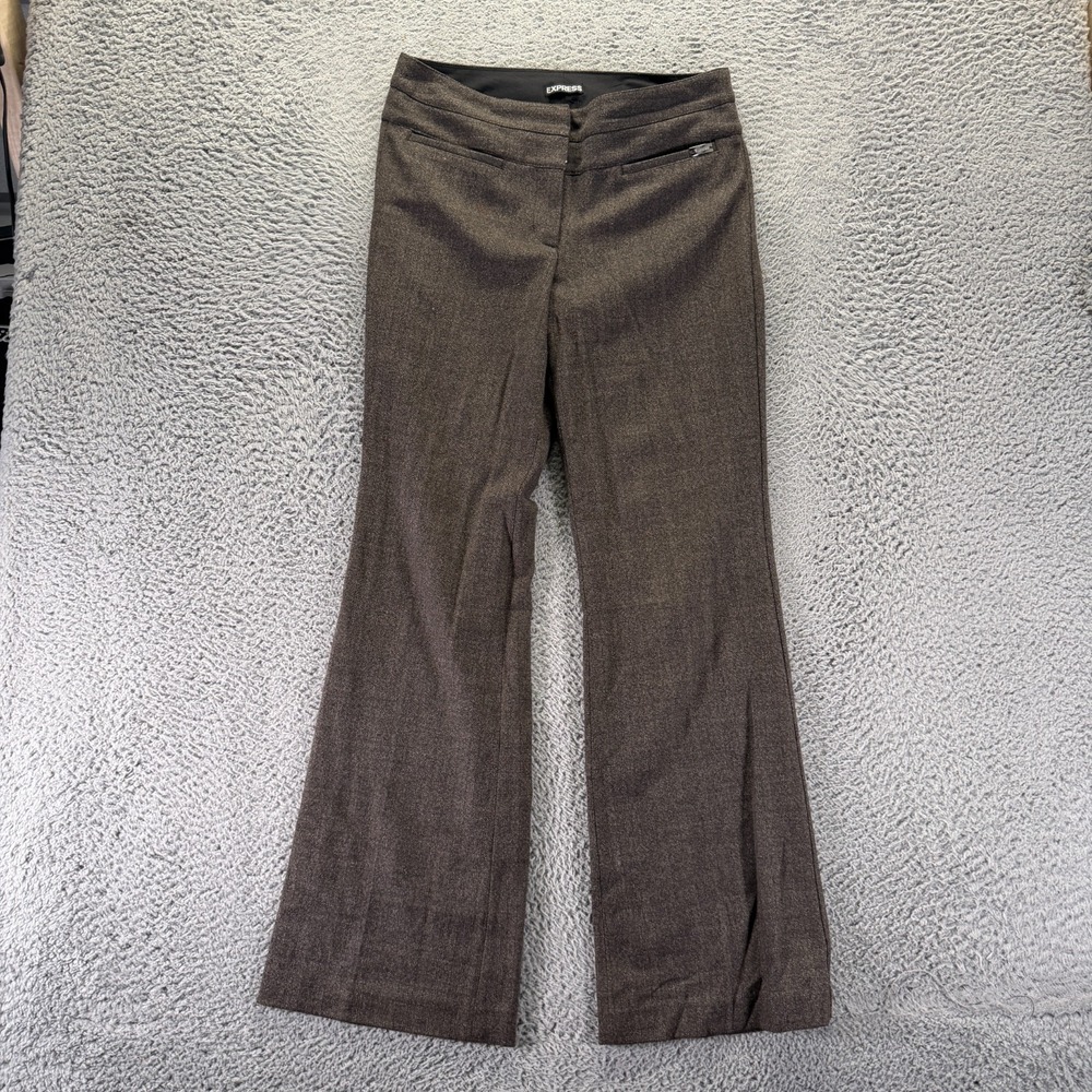 Express Editor Pant Womens 4 Brown Herringbone Polyester Dress Flared Leg Formal